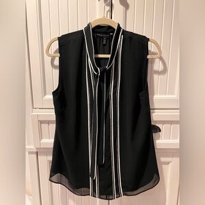 White House Black Market - Flowy Black w/ White Piping “P” Bow Blouse - 10